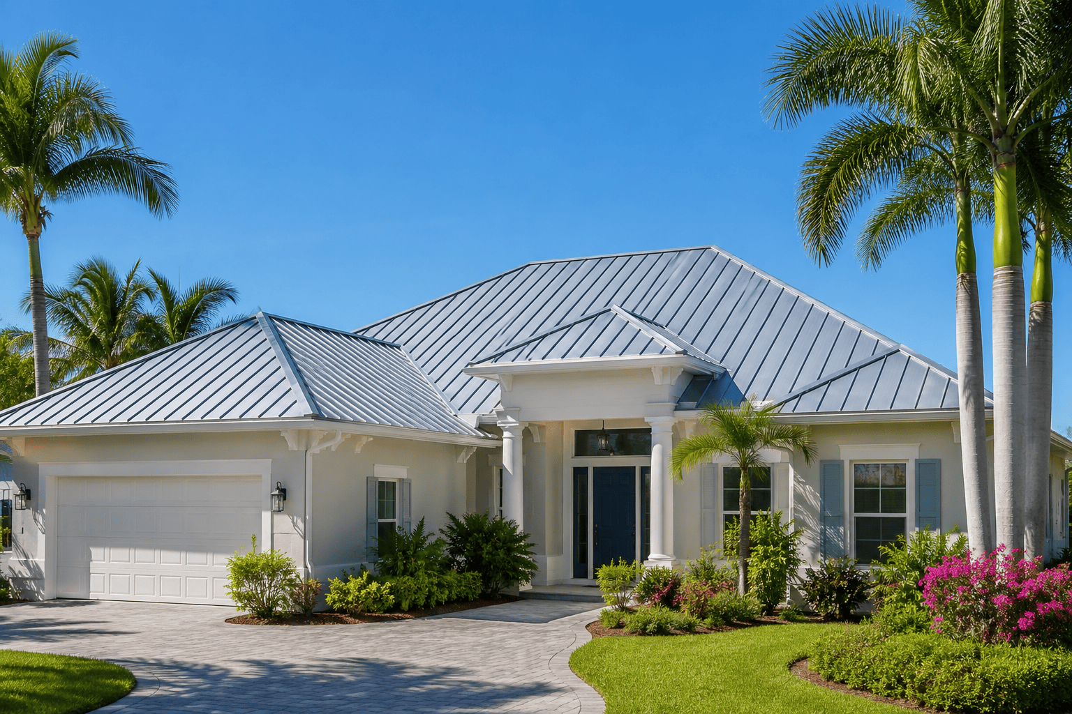A modern single-story house with a metal roof, white exterior, and large front windows, surrounded by palm trees and vibrant landscaping under a clear blue sky.