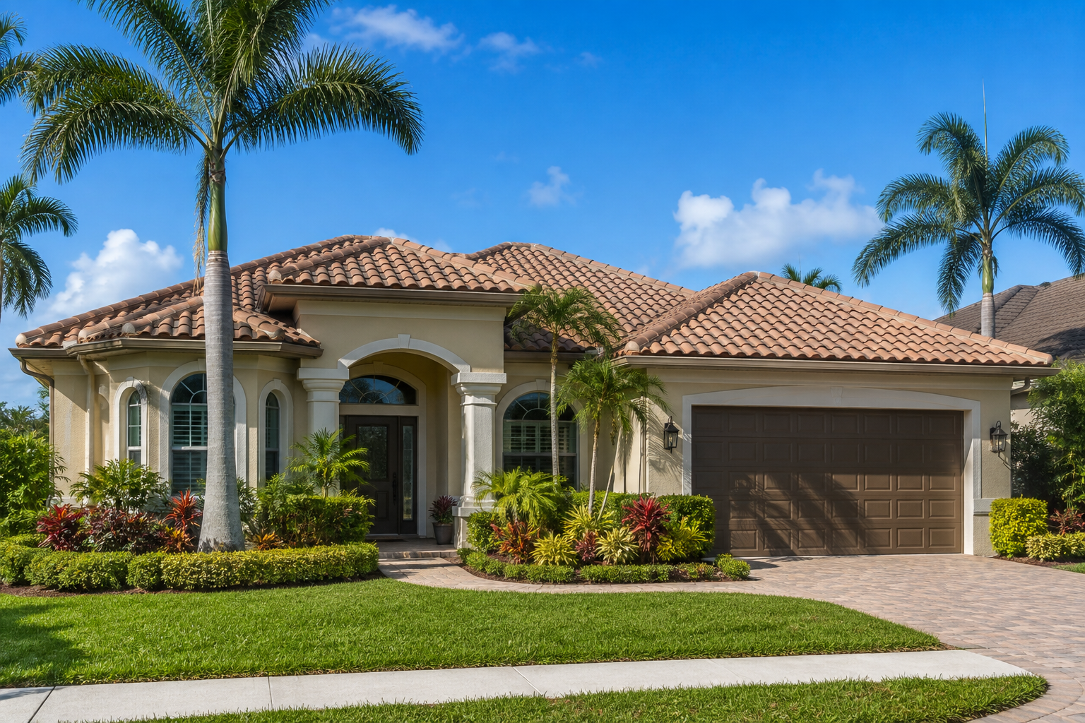 A single-story house with a red tile roof, arched windows, and a double garage. Palm trees and landscaping decorate the front yard under a bright blue sky.