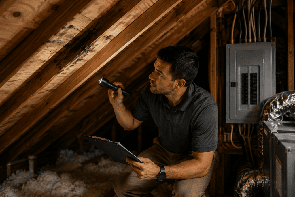 A man examines an attic ceiling with a flashlight and holds a clipboard, inspecting for issues near an electrical panel, with insulation on the floor.