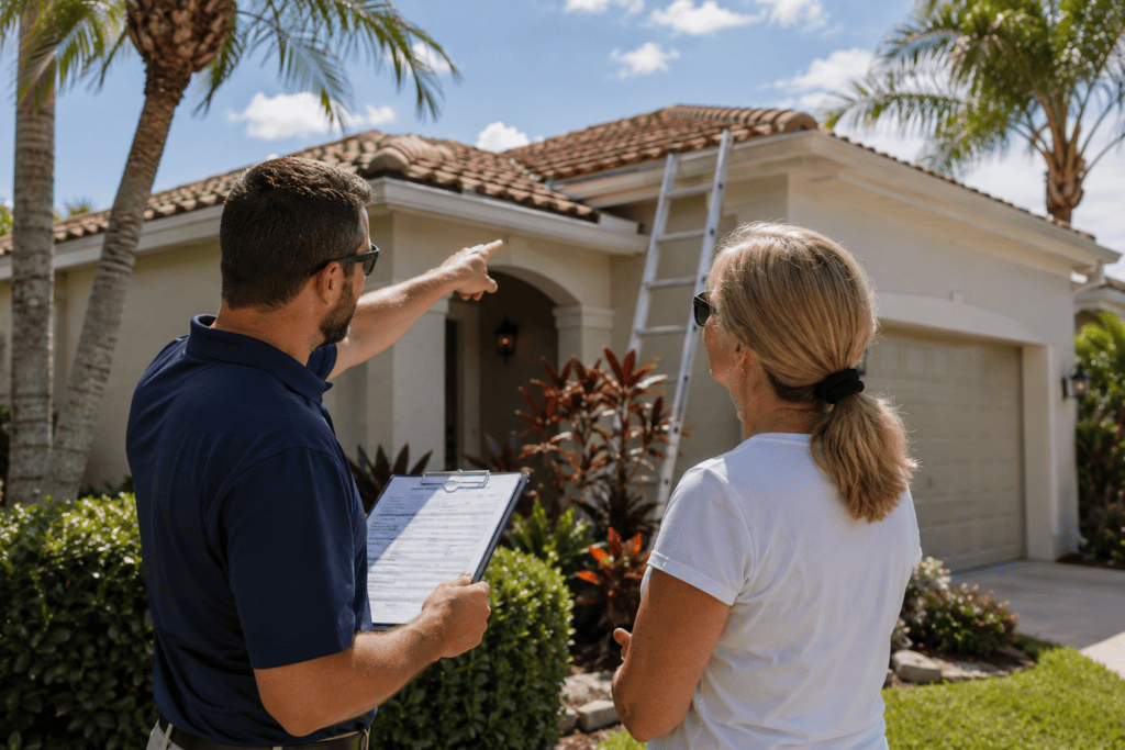 A man with a clipboard points at the roof of a house while talking to a woman outside. A ladder leads to the roof, and palm trees and greenery are visible around them.