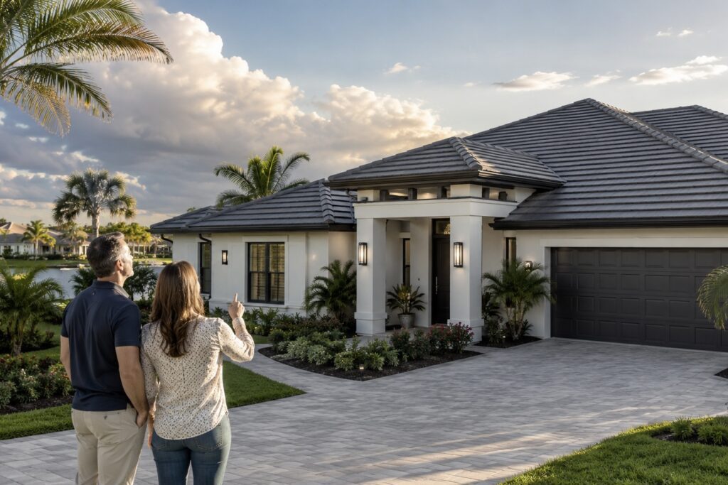 A couple stands on a driveway, looking at a modern single-story house with a dark gray roof, large garage, palm trees, and landscaped front yard at sunset.