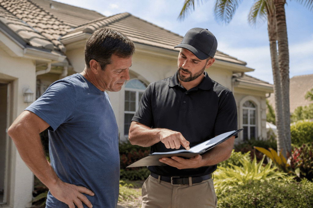 A man in a black polo and cap shows documents to another man outside a house on a sunny day. They appear to be discussing something important, possibly related to home maintenance or a service.