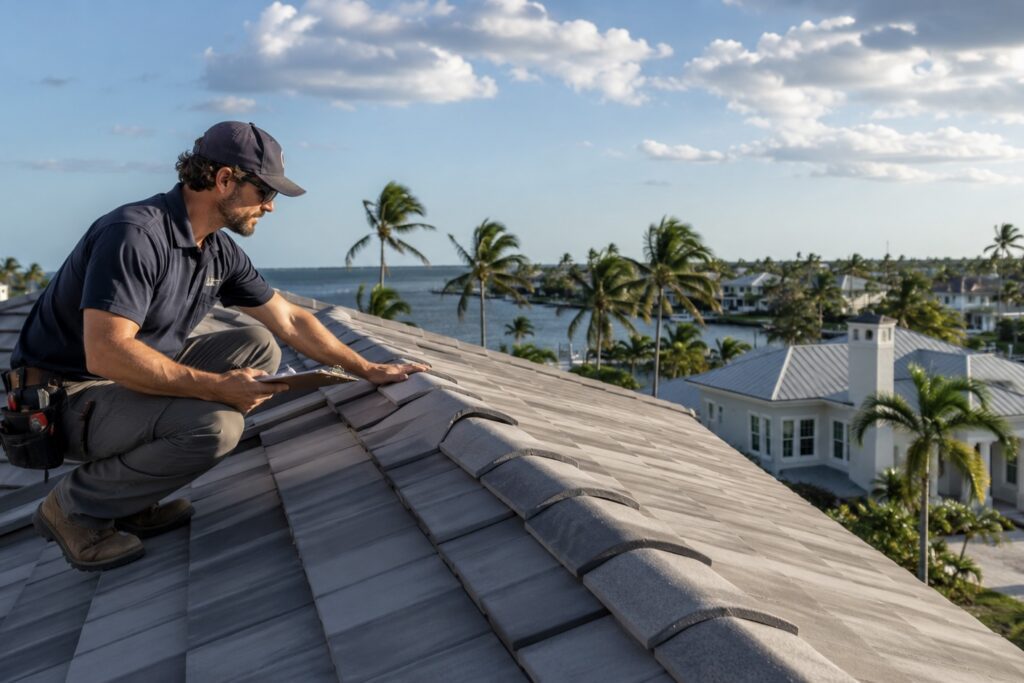 A man in work clothes inspects gray roof tiles on a house, with palm trees, water, and more homes in the background under a partly cloudy sky.