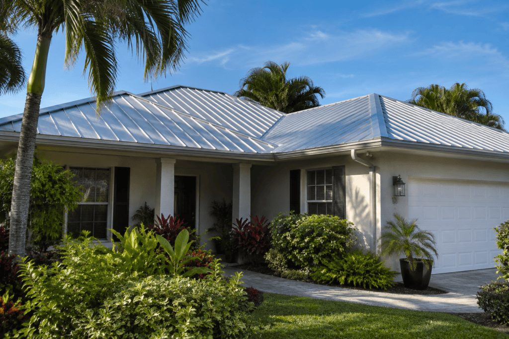 A modern, single-story house with a metal roof, surrounded by lush tropical plants, palm trees, and a manicured lawn under a clear blue sky.