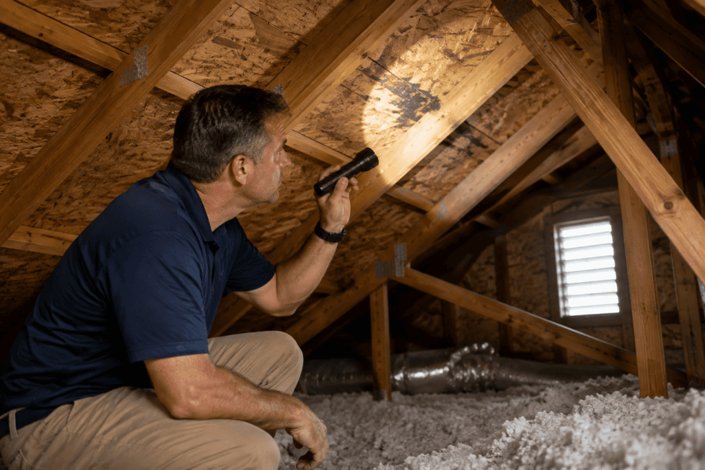 A man kneels in an attic, shining a flashlight on the wooden beams and inspecting the ceiling. Light filters in through a small window, and insulation covers the floor.