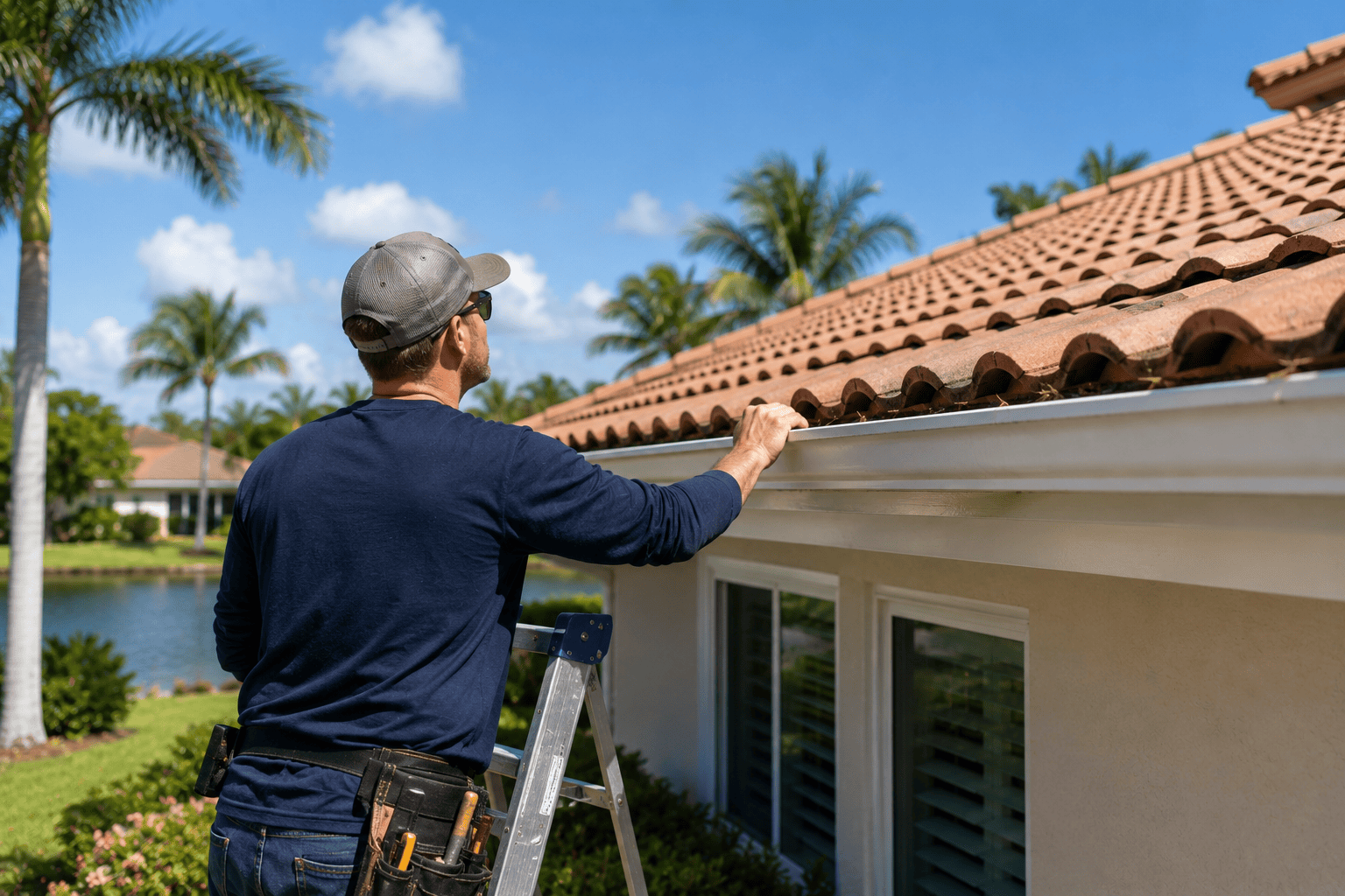 A man stands on a ladder cleaning the gutters of a house with a tiled roof, surrounded by palm trees and a pond under a blue sky.