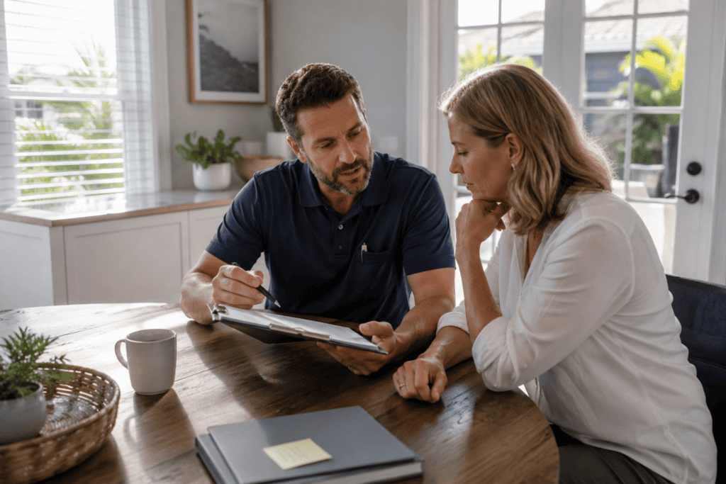 A man and woman sit at a wooden table discussing documents. The man points at a clipboard while the woman listens, looking thoughtful. Sunlight streams through windows, and a coffee mug and binder are on the table.