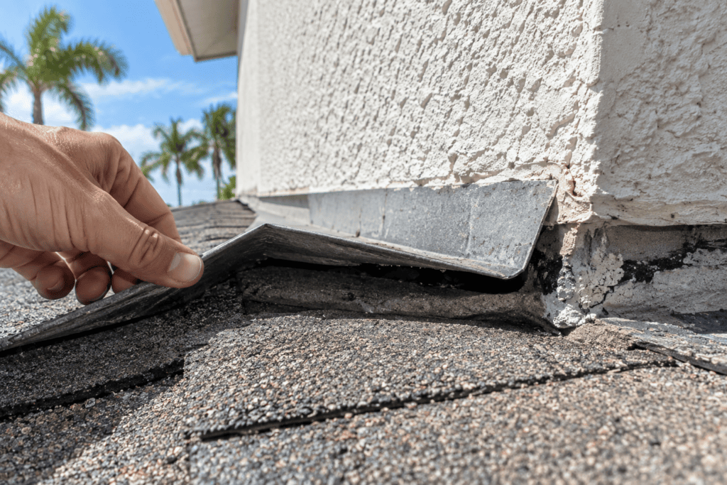 A hand lifts damaged roofing material near the base of a stucco wall, revealing deteriorated flashing. Palm trees and blue sky are visible in the background.