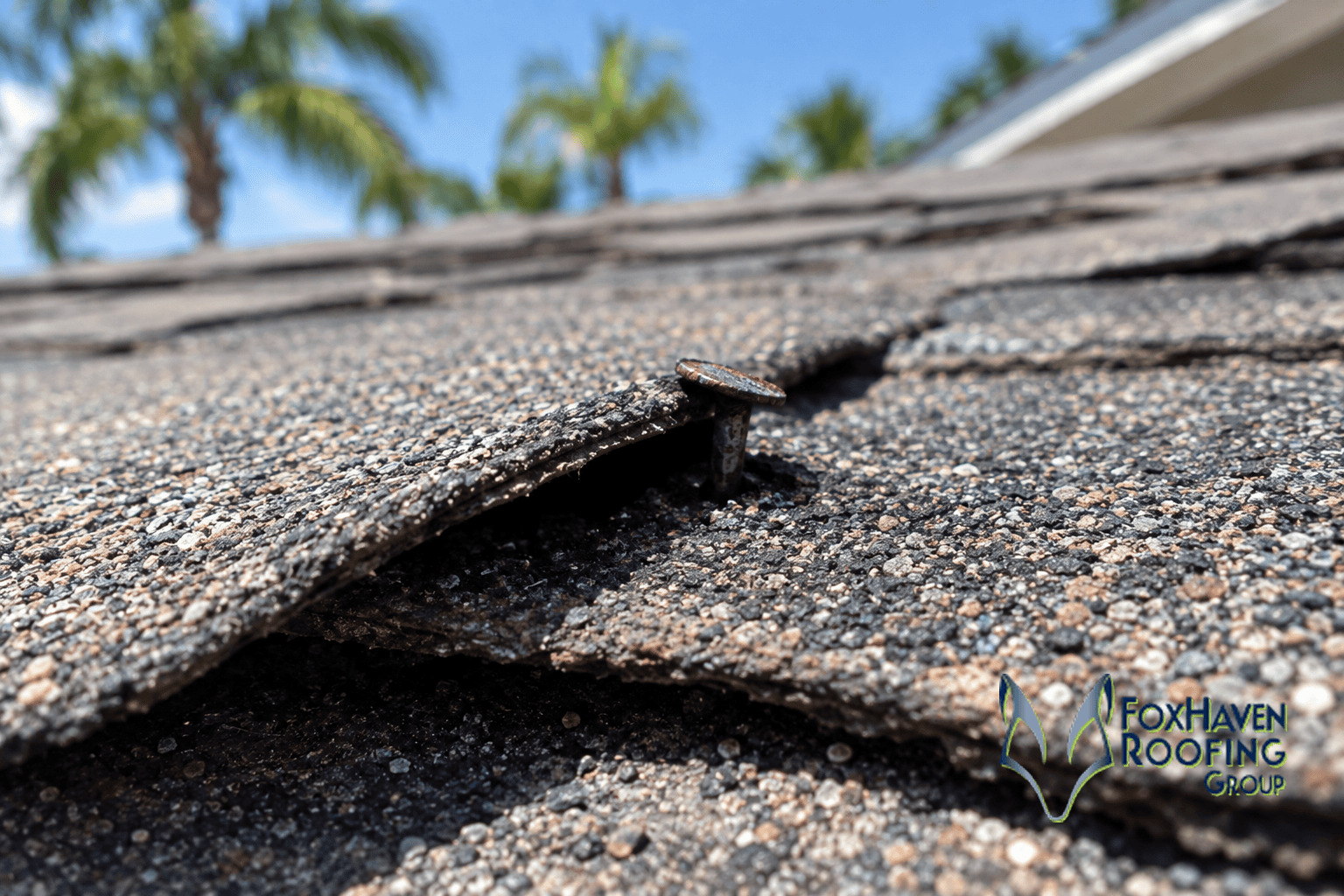 Close-up of a shingle roof with a raised nail and lifted shingles, showing potential roof damage. Palm trees and blue sky are blurred in the background. FoxHaven Roofing Group logo is visible in the corner.