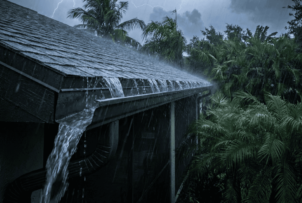 Heavy rainwater pours from a house gutter, overflowing the roof during a storm. Palm trees surround the house, and lightning is visible in the dark, cloudy sky.