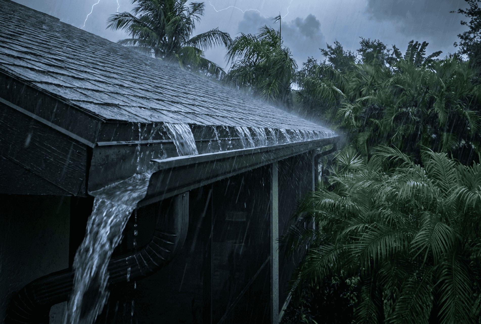Heavy rainwater pours from a house gutter, overflowing the roof during a storm. Palm trees surround the house, and lightning is visible in the dark, cloudy sky.