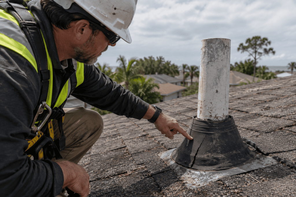 A construction worker in safety gear inspects a cracked pipe boot on a shingled roof, pointing to visible damage, with trees and houses in the background.