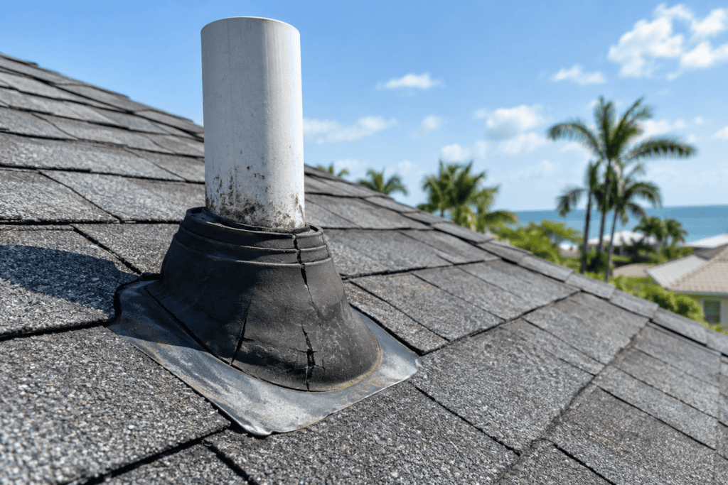 A white vent pipe with cracked black rubber flashing is installed on a shingled roof. Palm trees and a blue sky are visible in the background, along with a distant view of the ocean.
