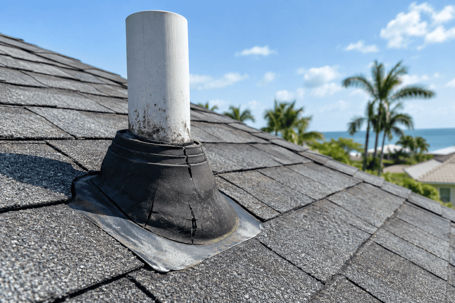 A white vent pipe with cracked black rubber flashing is installed on a shingled roof. Palm trees and a blue sky are visible in the background, along with a distant view of the ocean.
