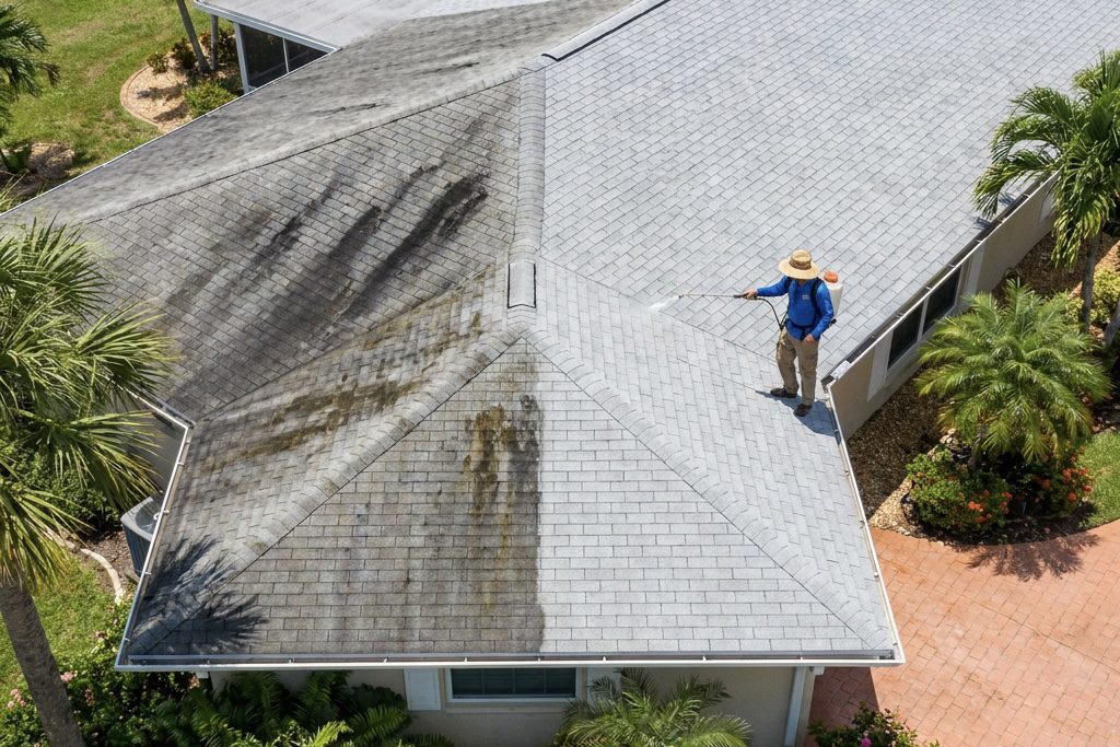 A person in a hat cleans a large, light gray shingle roof with a power washer, removing dark stains from one section. The house is surrounded by palm trees and plants.