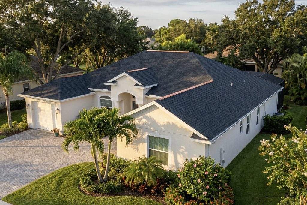 Aerial view of a light-colored, single-story house with a dark shingle roof, two-car garage, palm trees, green lawn, and landscaped shrubs, set in a suburban neighborhood with mature trees.