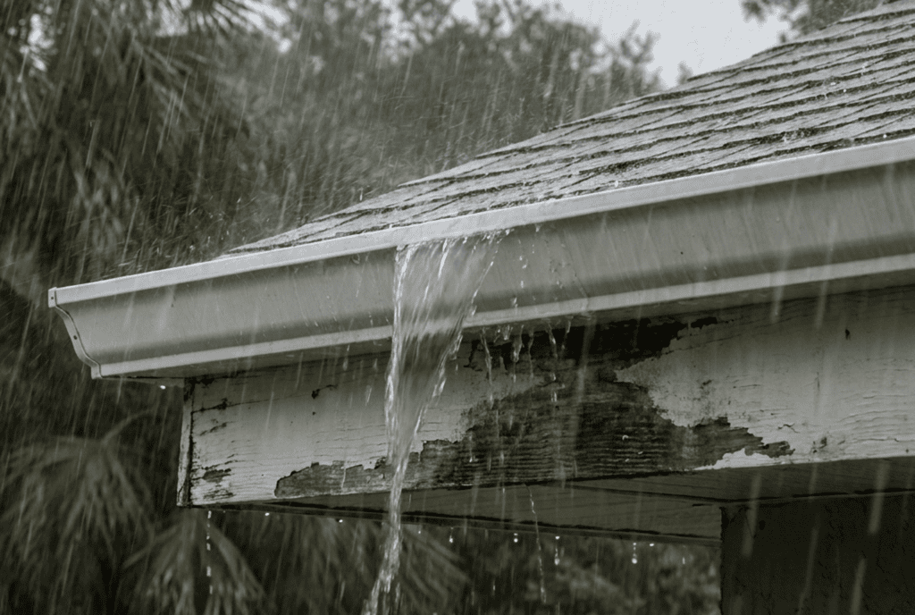 Rainwater overflowing from a house’s gutter, running down beside a roof with peeling paint and visible wood damage; trees blurred in the background.
