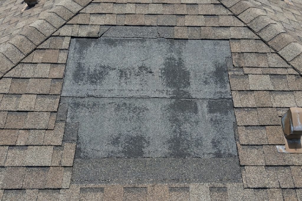 A rooftop with mismatched shingles in the center, indicating a patch or repair area that is darker than the surrounding shingles.