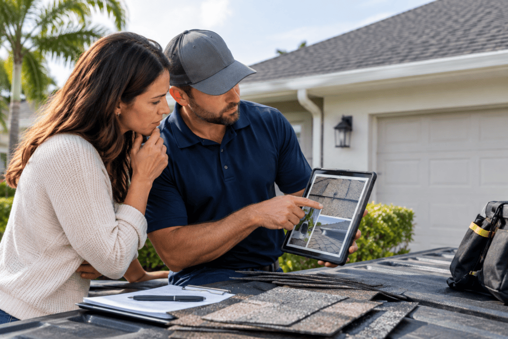A man and woman look at roofing material samples and photos on a tablet outside a house. Roofing shingles and documents are spread out on the table in front of them.