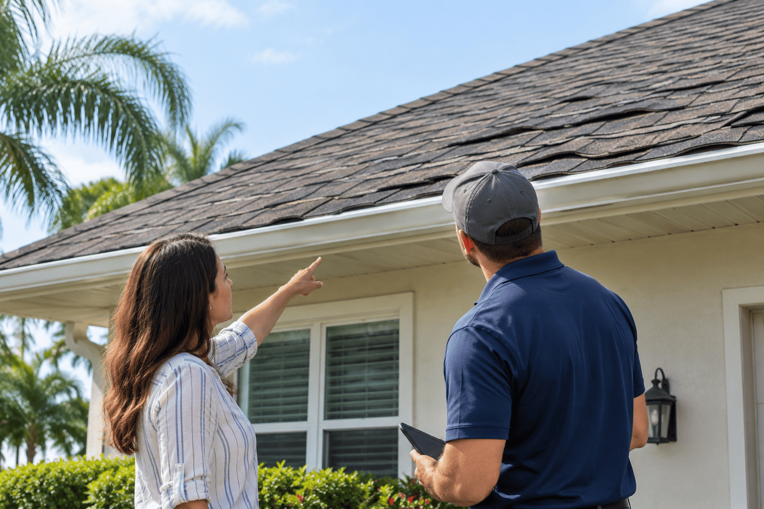 A woman points at the roof of a house while talking to a man holding a tablet, likely inspecting for repairs. Palm trees are visible in the background under a clear sky.