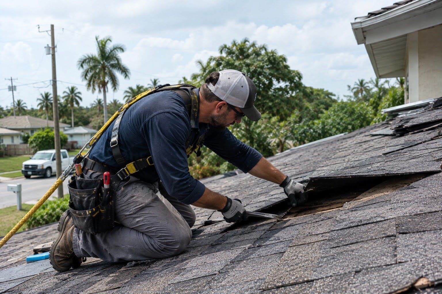 A roofer wearing a safety harness and gloves removes shingles from a residential roof.