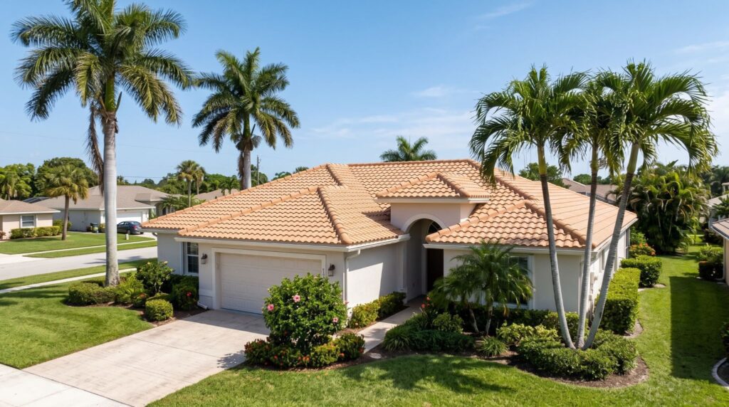 A one-story suburban home with a tan tile roof, a two-car garage, and palm trees in the front yard.