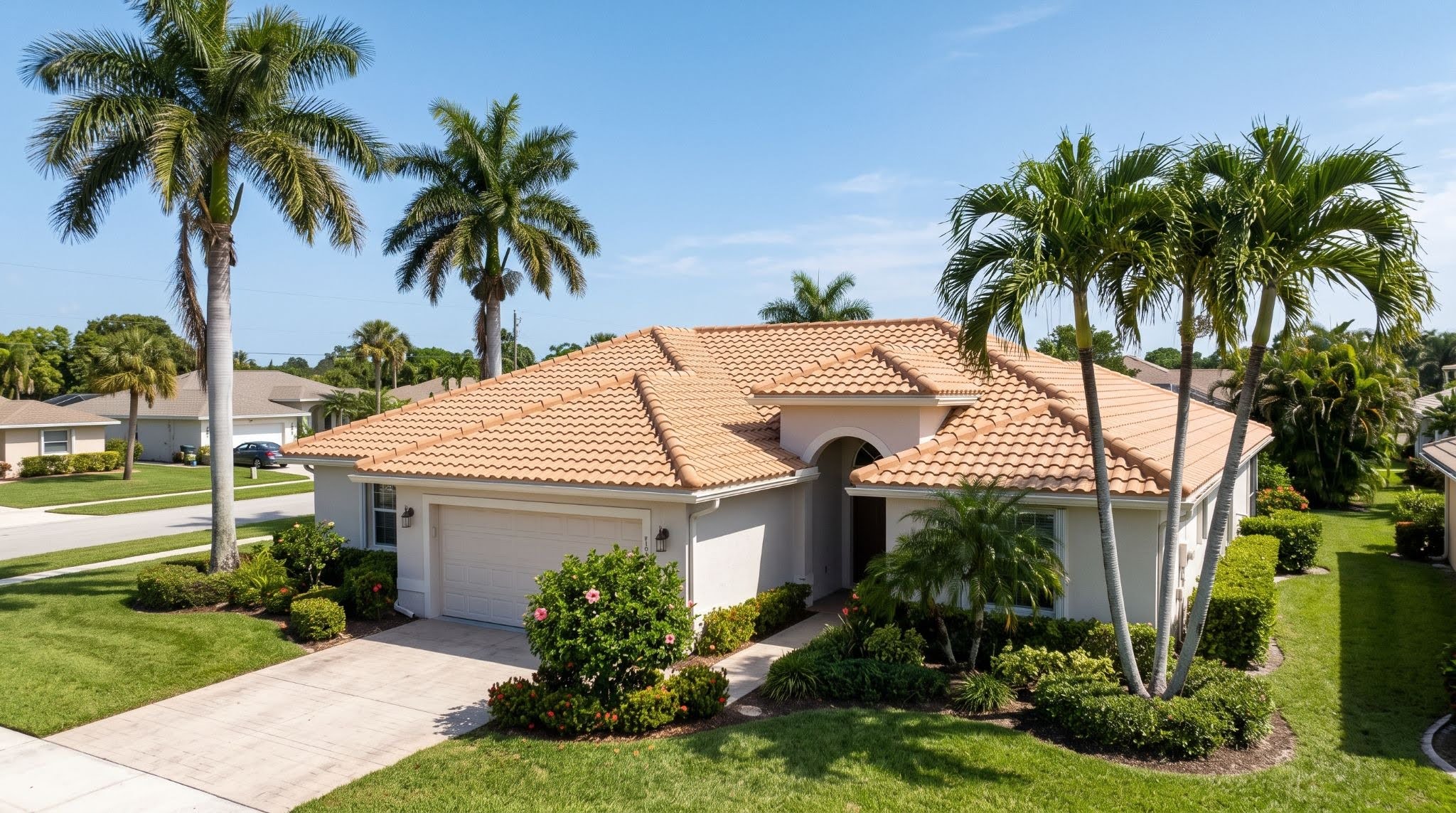 A one-story suburban home with a tan tile roof, a two-car garage, and palm trees in the front yard.