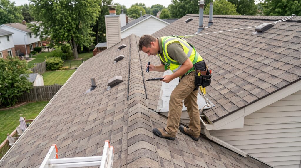 A roof inspector in a high-visibility vest uses a flashlight and tablet to examine a shingled roof while secured by a safety line.