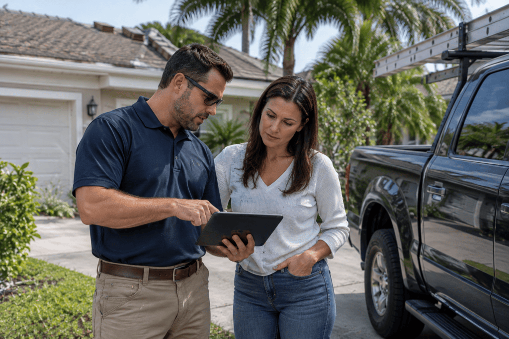 A man in a navy polo shirt and a woman in a white sweater looking at a tablet together in a driveway next to a truck.