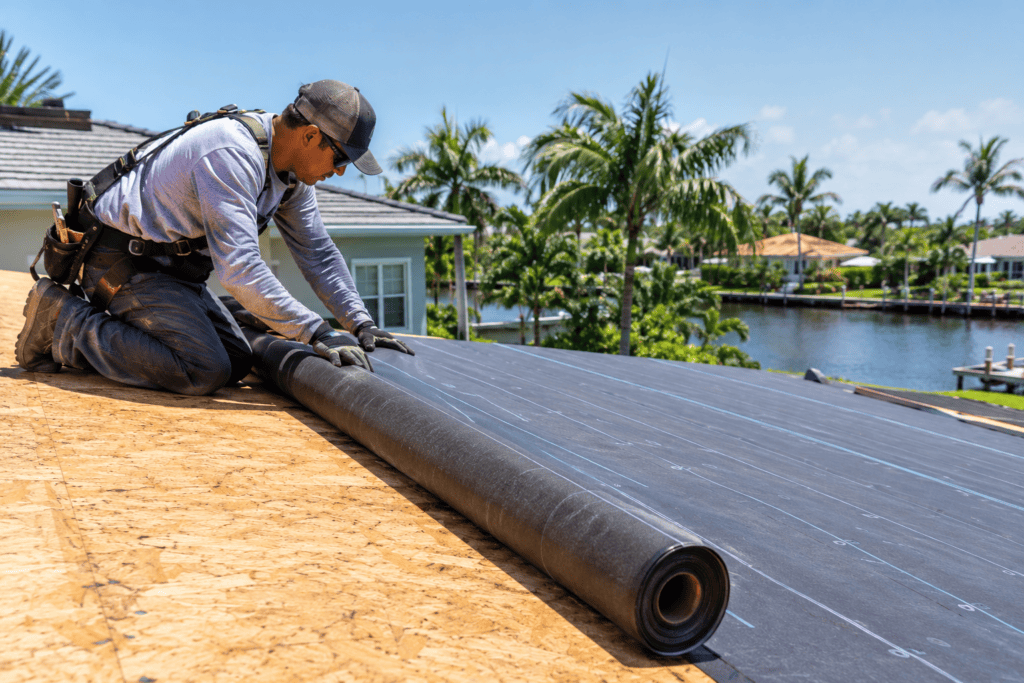 A roofer wearing a harness and safety glasses rolls out black underlayment across a plywood roof deck.