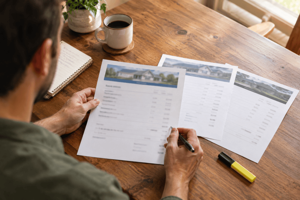 A person at a wooden desk reviews real estate documents with a pen, with a coffee mug and notebook nearby.
