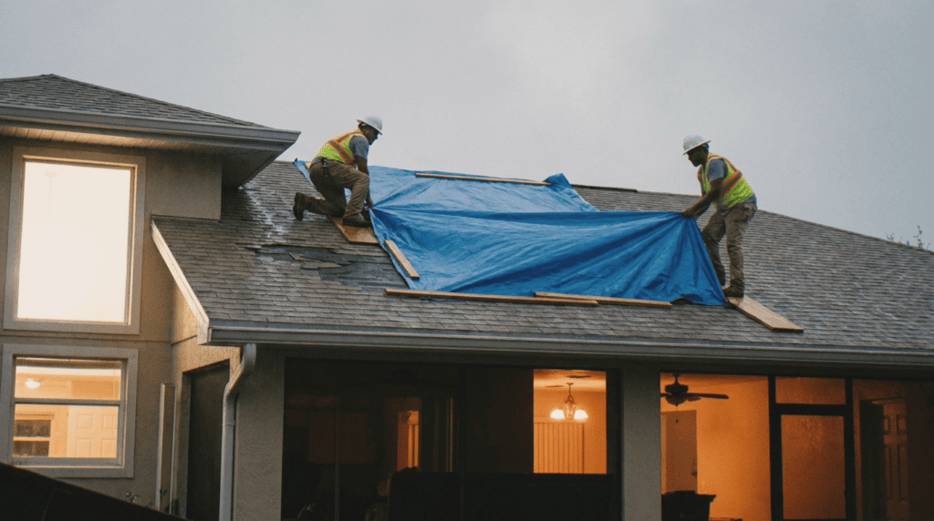 Two workers in safety vests and helmets secure a blue tarp on the roof of a house, likely protecting it from damage or weather.