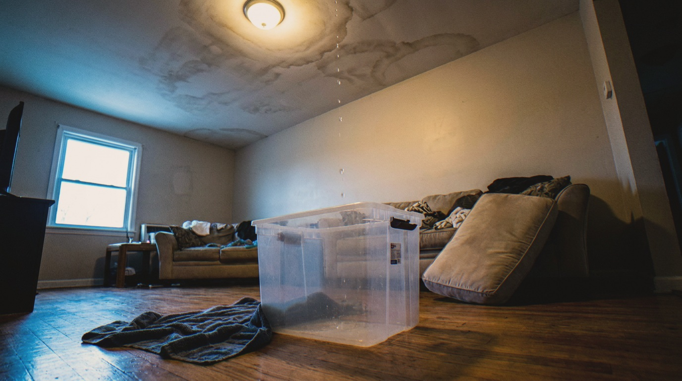 A plastic bin catches water dripping from a ceiling leak in a living room. The ceiling has visible water stains, and a towel lies on the wooden floor next to the bin. Sofas and a window are in the background.