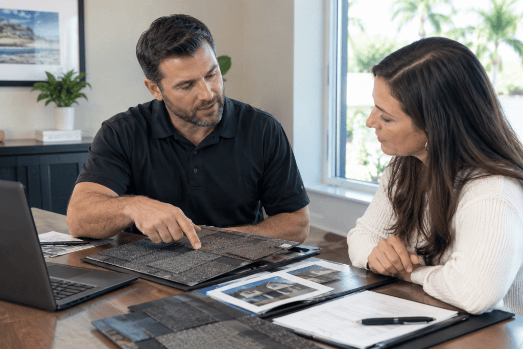 A man points to a roofing shingle sample while discussing options with a woman at a table with documents and a laptop.
