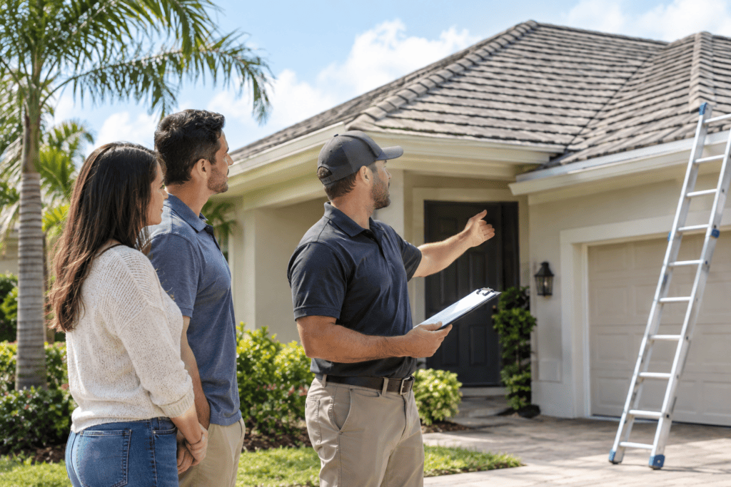 A man with a clipboard gestures toward the roof of a house while talking to a couple outside. A ladder is propped against the house, and palm trees are visible in the background.