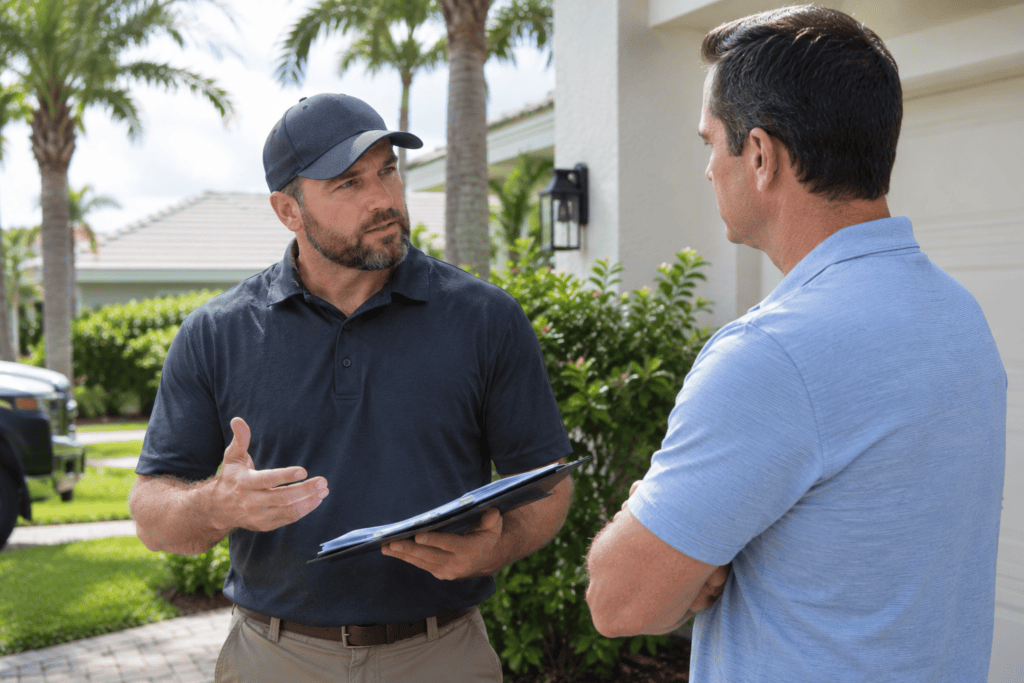 A man in a polo shirt and baseball cap holding a clipboard speaks to a man standing in a driveway.