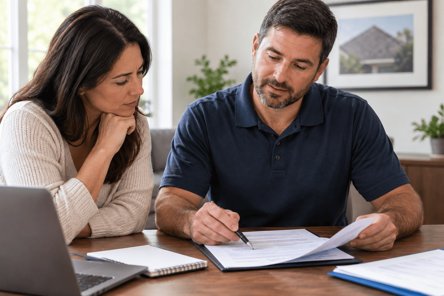 A man and woman sit at a table reviewing documents together, with a laptop and notepad nearby, appearing focused and engaged in discussion in a home office setting.