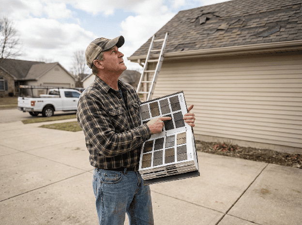 A roofer standing in a driveway points to a sample board of shingle colors while looking up at a damaged roof.