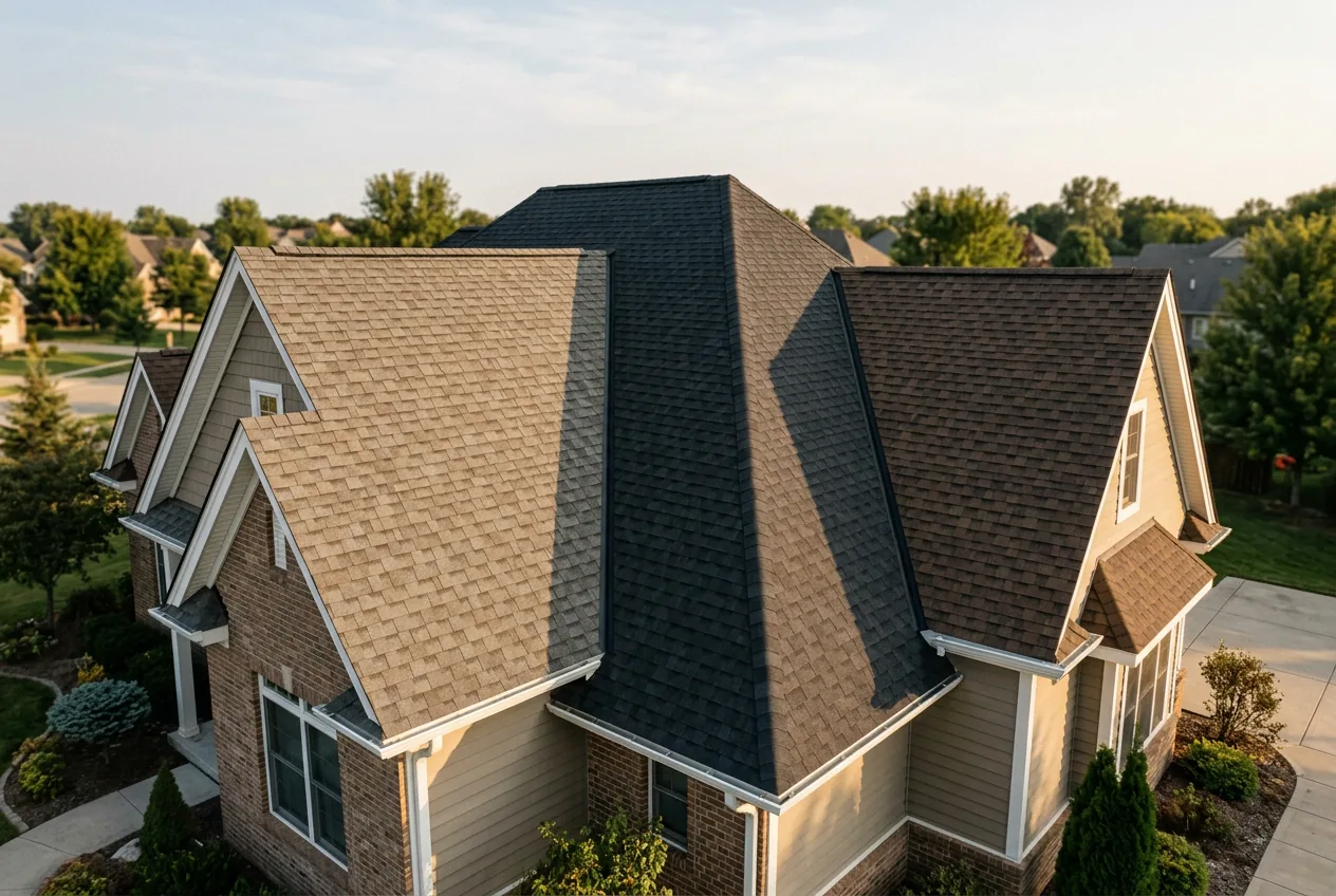 Light tan, charcoal and brown shingle colors compared on one brick house to help pick the right roof color