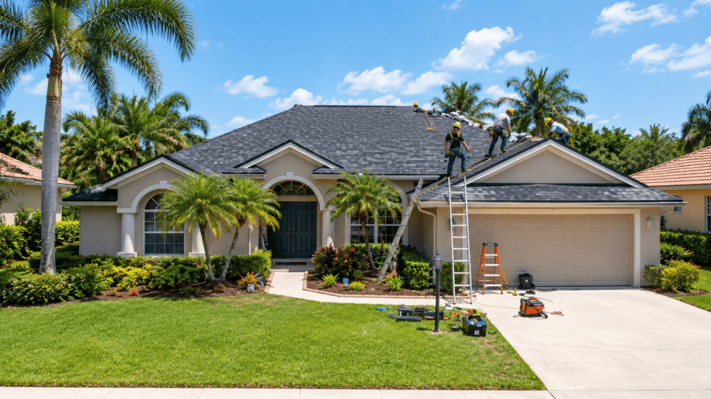 Workers on ladders repair the roof of a beige house with palm trees and green lawn under a sunny blue sky. Tools and equipment are visible on the driveway and lawn.