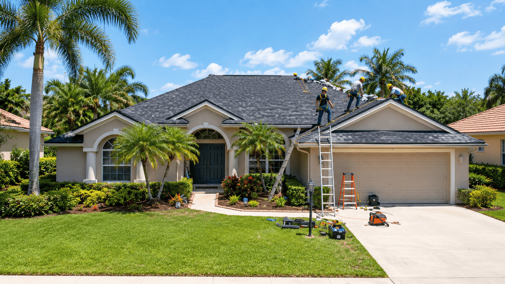 Workers on ladders repair the roof of a beige house with palm trees and green lawn under a sunny blue sky. Tools and equipment are visible on the driveway and lawn.