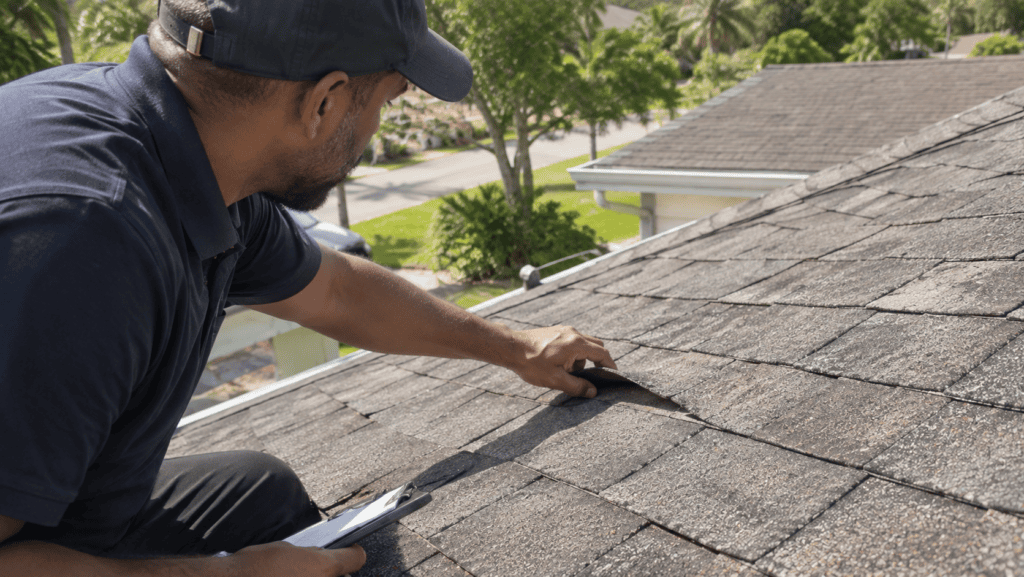 A person in a black cap inspects damaged, lifted shingles on a house roof, holding a clipboard, with trees and a street visible in the background.